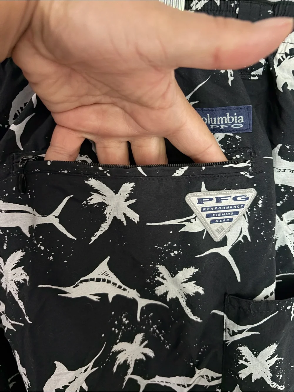 Columbia PFG Swim Trunks Mens XL Black White Swordfish Drawstring Shorts AOP